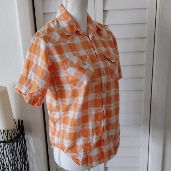 Polo Ralph Lauren Western orange plaid pearl snap button closure short sleeve M - Picture 3 of 7